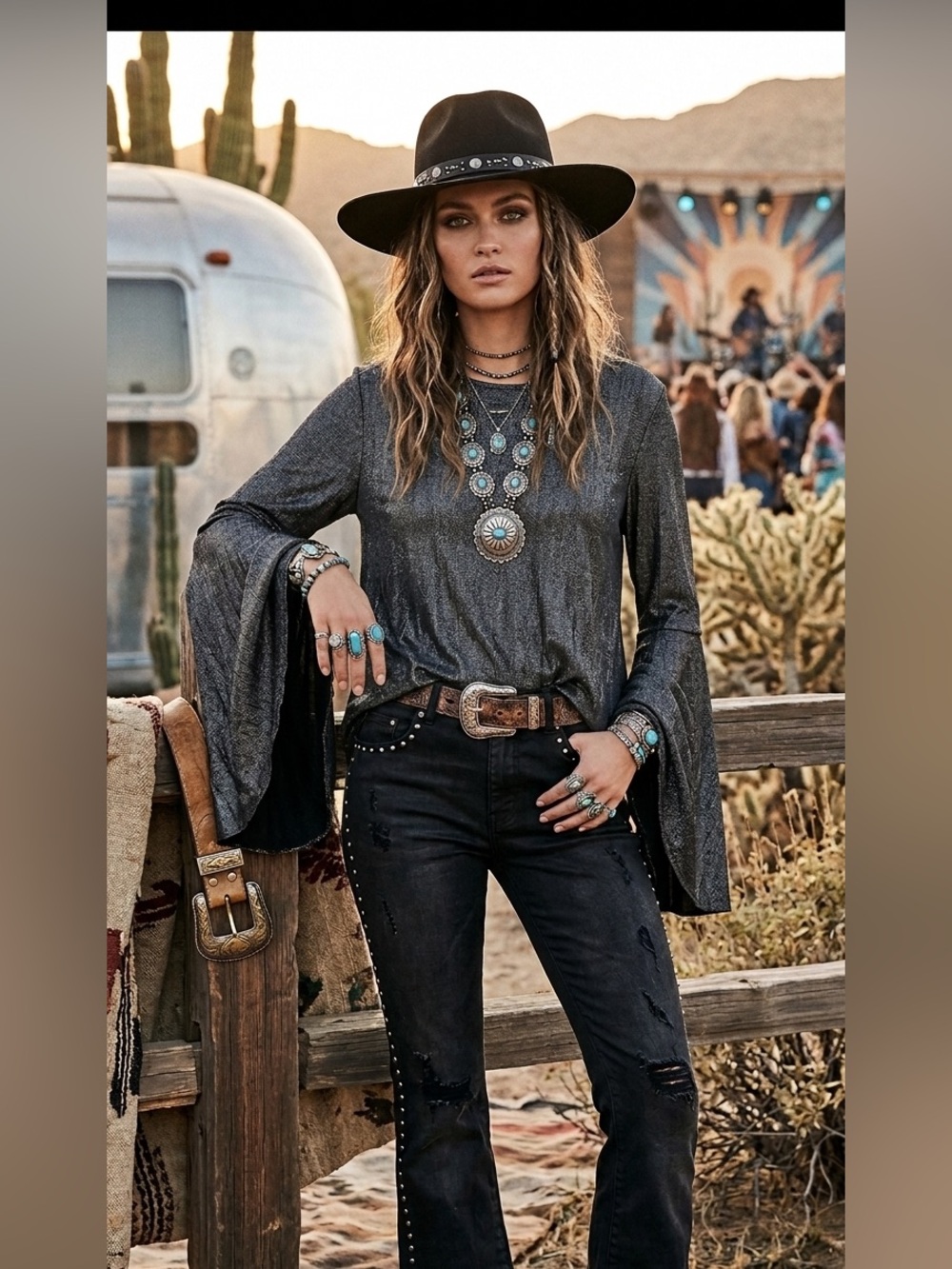 L & B Black & Silver Metallic Long Sleeve Top Size XL NWt Wester Boho Coastal